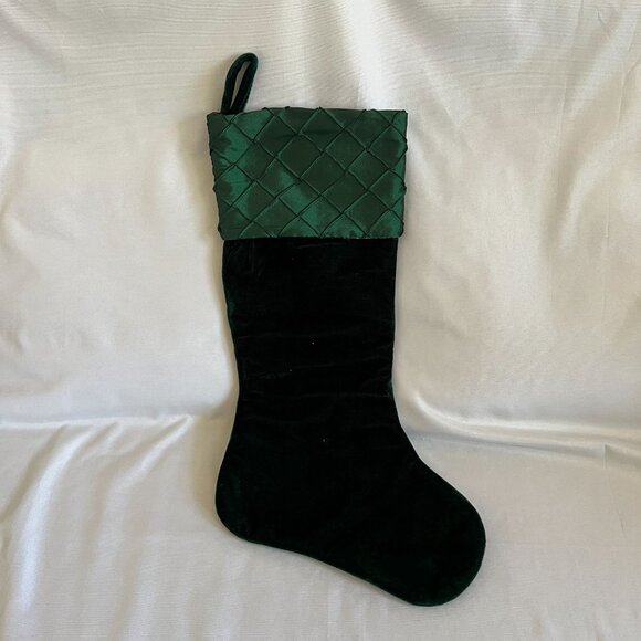 Green Velvet Quilted Christmas Stocking 20" With Hanging Loop Holiday Decor - Picture 1 of 2